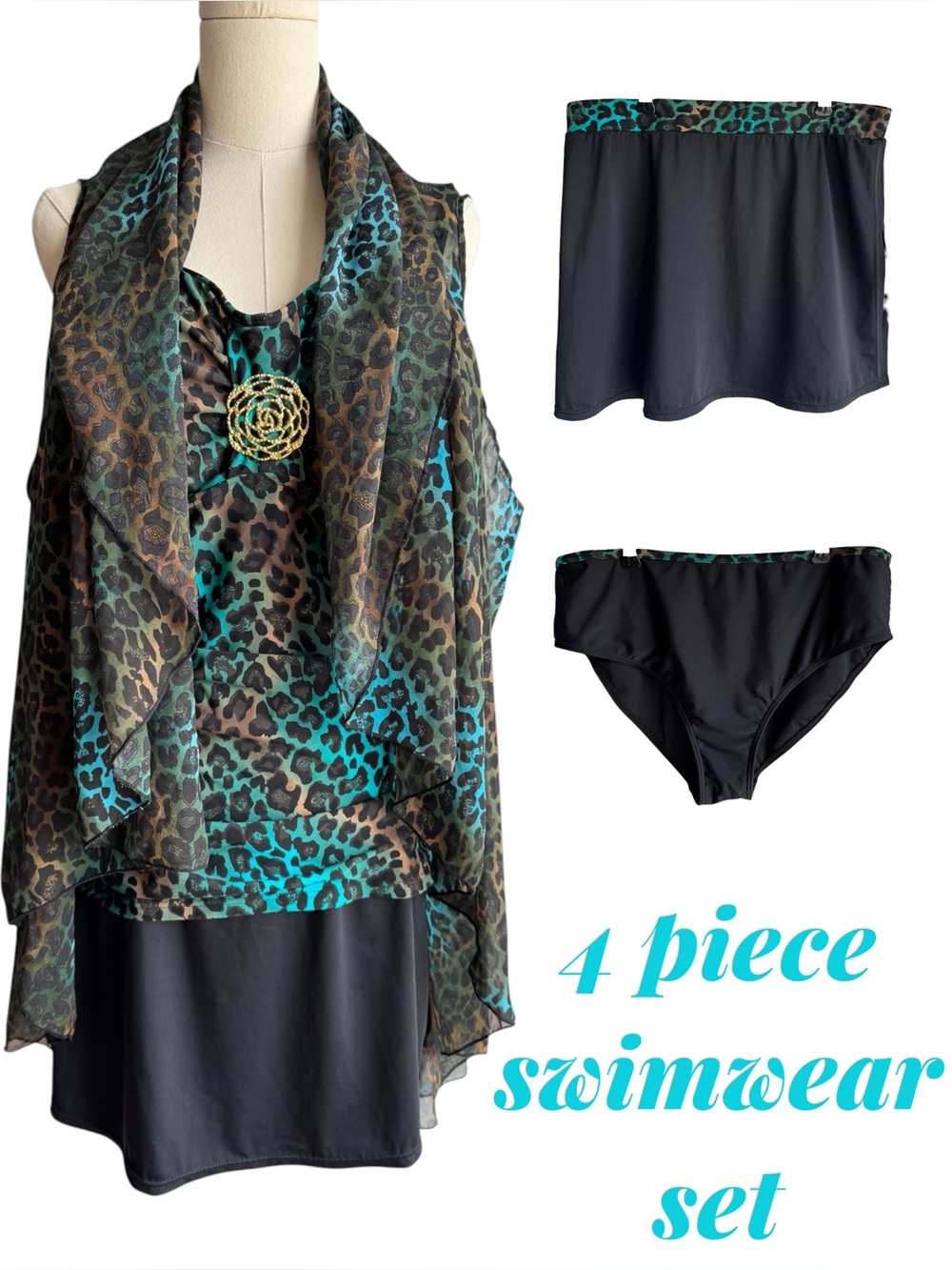 Fabulous 4 Piece Swimsuit Set Sz 14 Teal Bathing Suit Tankini Skirt Cover Up EUC